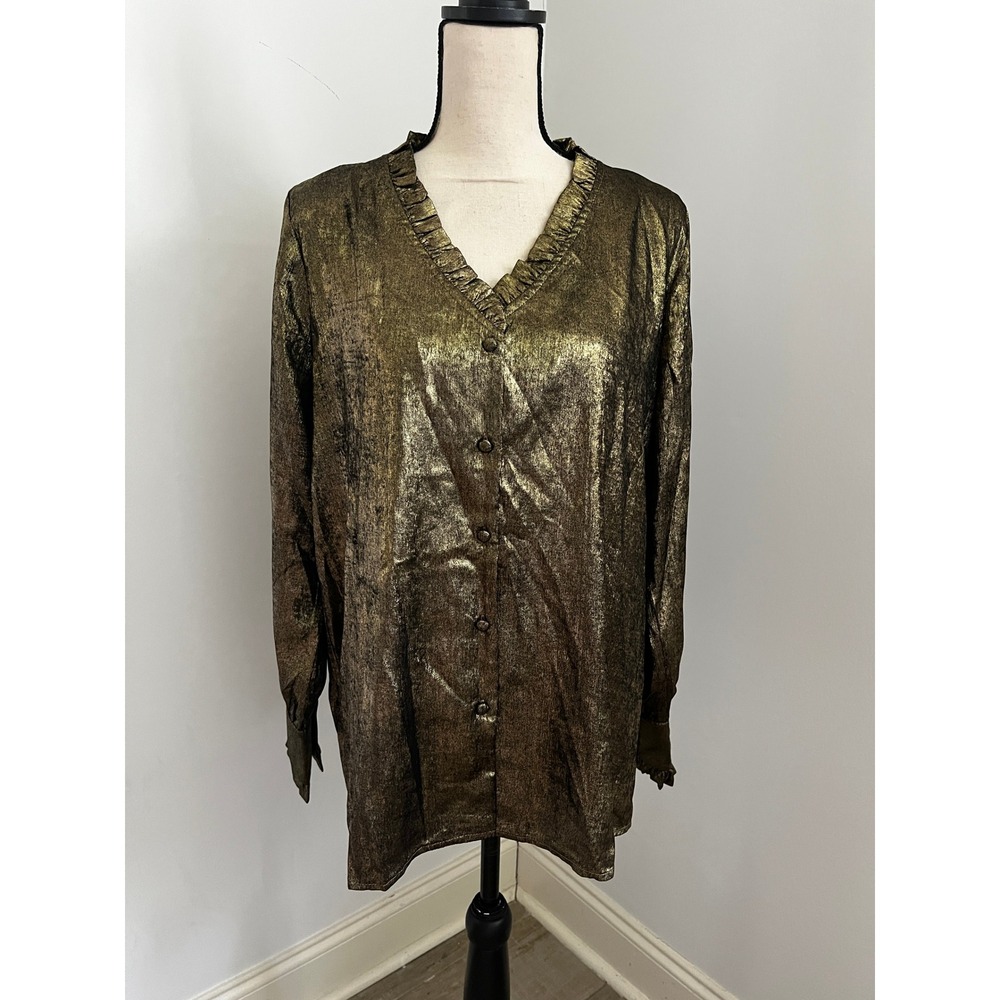 Vintage Metallic Bronze Liquid Gold Button Down Shirt sz Large Foil Ruffle Disco